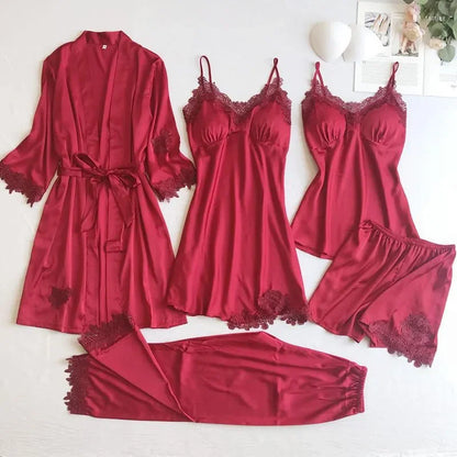 Women's Sleepwear Gray 5PCS Nightgown Set Women Lace Nightwear V-Neck Pajamas Suit Homewear Spring Robe Gown Sleep Wear Pijama Negligee