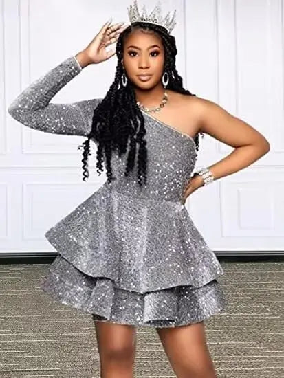 Long Sleeve Velvet Sequin Homecoming Dresses Teens Sparkly One Shoulder Short Prom Dress Layered Cocktail Party Graduation Dress