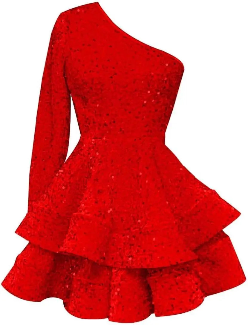 Long Sleeve Velvet Sequin Homecoming Dresses Teens Sparkly One Shoulder Short Prom Dress Layered Cocktail Party Graduation Dress