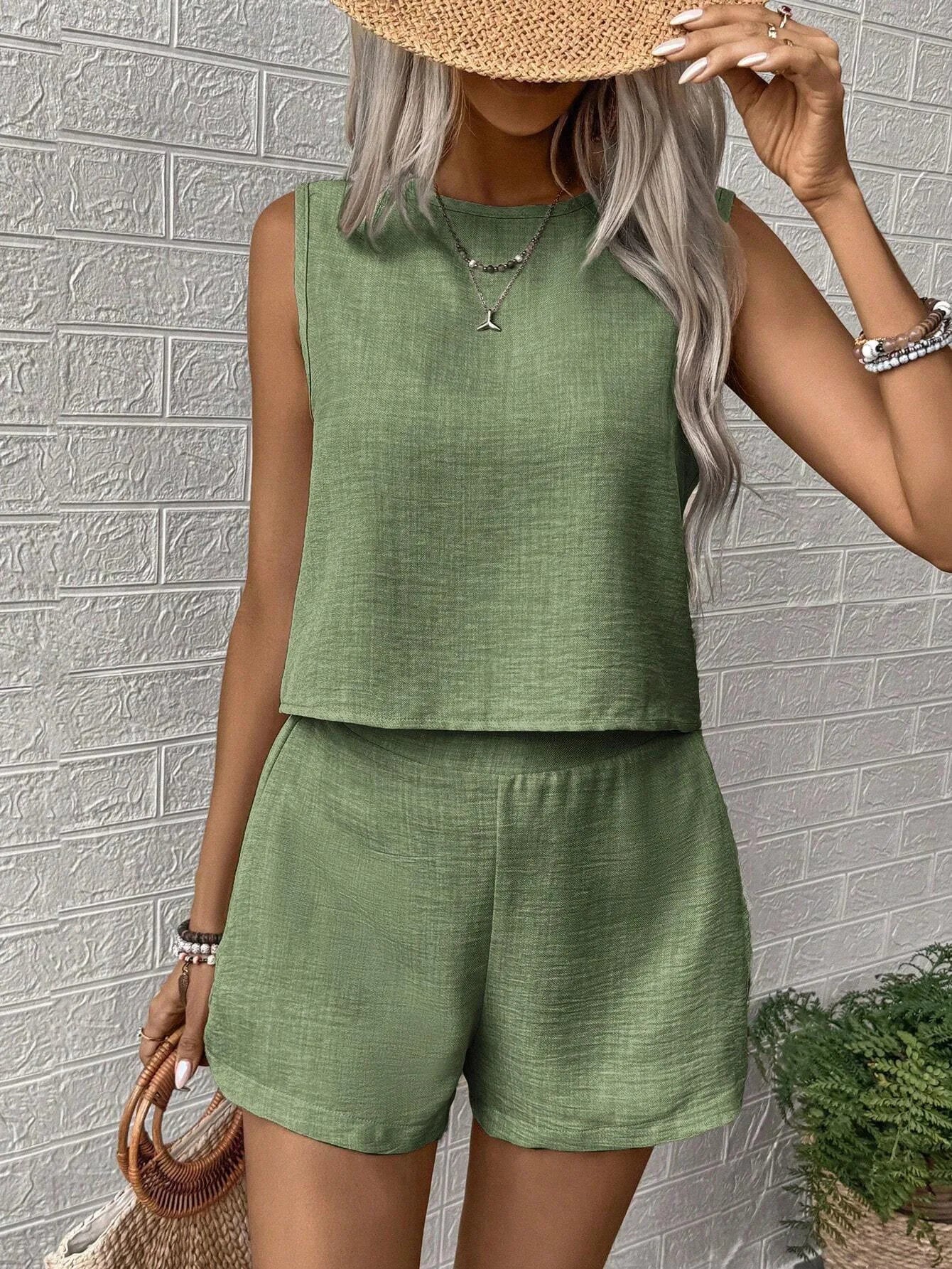 Solid Color Top and Shorts Set