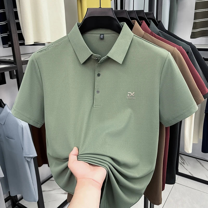 Mens Vertical Fine Rib Short Sleeve Polo Shirts Minimal Chest Embroidery Anti Crease Soft Comfort Daily Business Shirts