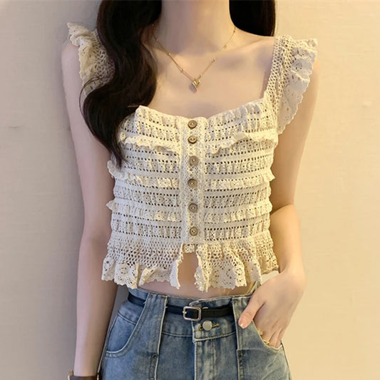 Smocked Ruffled Tank Top with Lace Trim Crochet Top Women's Button-up Pointelle Crop Cami Vest Spring Summer 2026 Y2K 90s