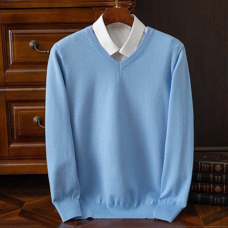 Autumn Winter Basic Merino Wool V-neck Sweater Men's Fashionable Casual Business Knitwear Cashmere Pullover Clothing Tops