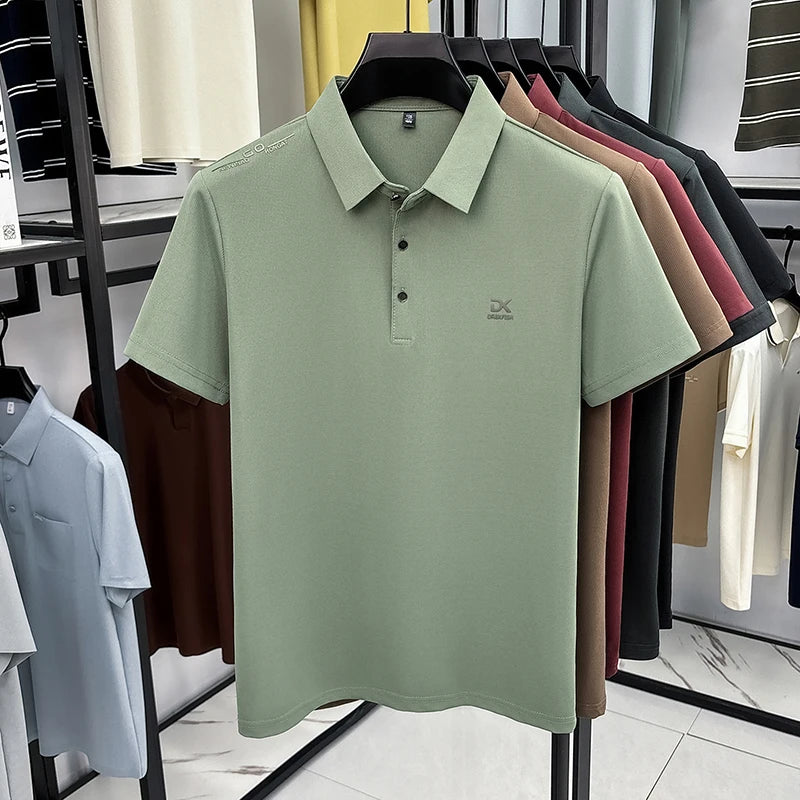 Mens Vertical Fine Rib Short Sleeve Polo Shirts Minimal Chest Embroidery Anti Crease Soft Comfort Daily Business Shirts