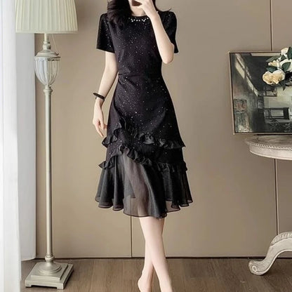 Women's Black Beaded Evening Dress 2026 Summer High Waist Slim Fit Mesh Panel Mermaid Hem Party Gown