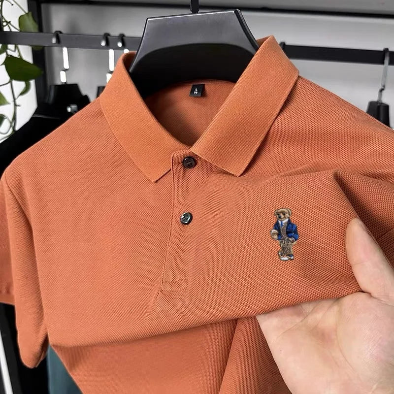 100% pure cotton new men's short sleeved polo shirt summer fashion original high-end brand bear embroidery golf casual T-shirt
