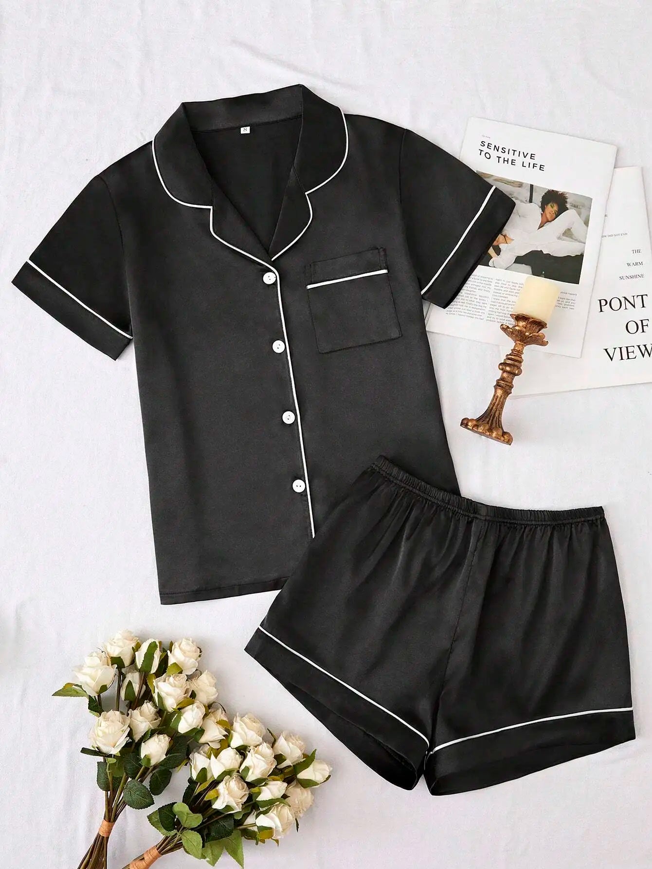 Women's Satin Pajama Set with Contrast Piping, Short Sleeve Button-Up Top & Shorts