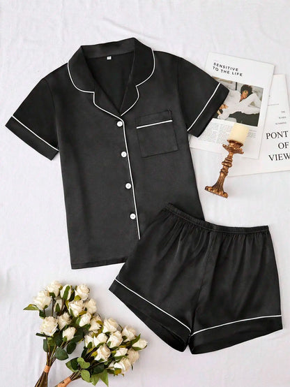 Women's Satin Pajama Set with Contrast Piping, Short Sleeve Button-Up Top & Shorts