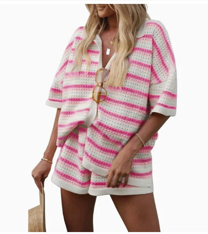 Hollow Striped Knitted 2 Pieces Set Short