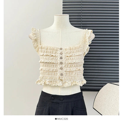 Smocked Ruffled Tank Top with Lace Trim Crochet Top Women's Button-up Pointelle Crop Cami Vest Spring Summer 2026 Y2K 90s