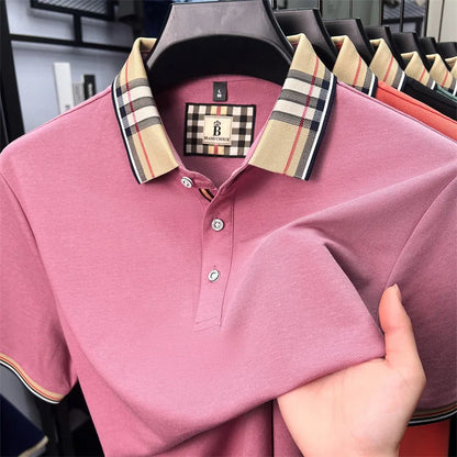 High end silky cotton breathable short sleeve polo shirt men's summer new trend plaid lapel designer brand casual golf T-shirt