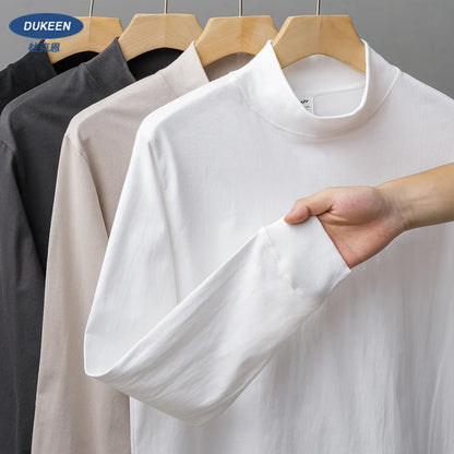 Dukeen 270G Heavyweight Half-Turtleneck Long-Sleeve T Shirts for Men Autumn 100% Cotton Solid Color Undershirt Men's Clothing