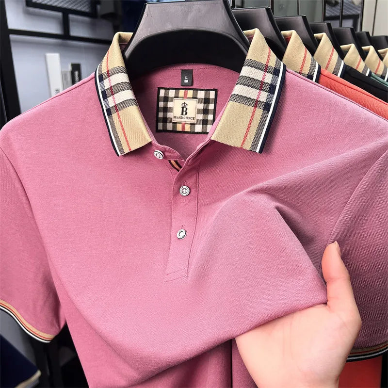 High end silky cotton breathable short sleeve polo shirt men's summer new trend plaid lapel designer brand casual golf T-shirt