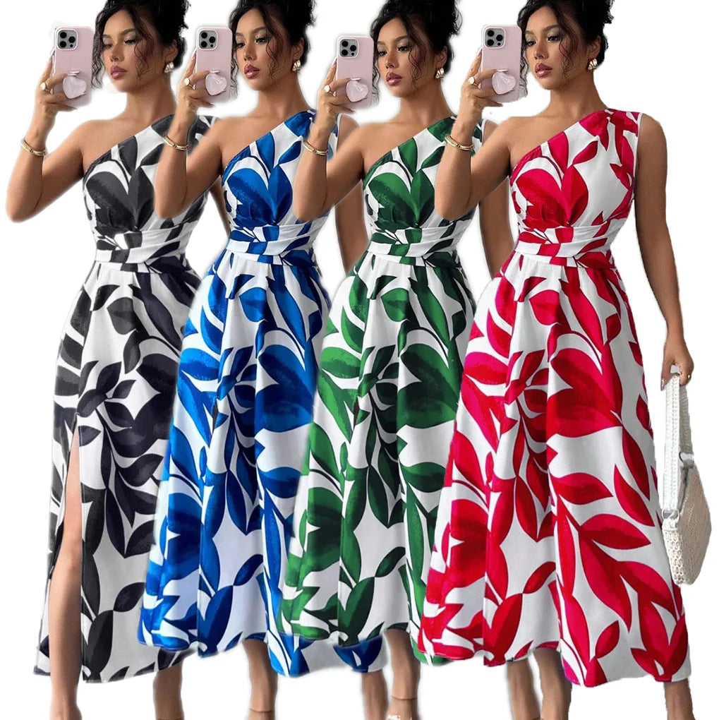Cross-Border Spring Summer New Floral Print Asymmetrical Shoulder Split Long Dress Sexy Holiday Beach Casual Street Style