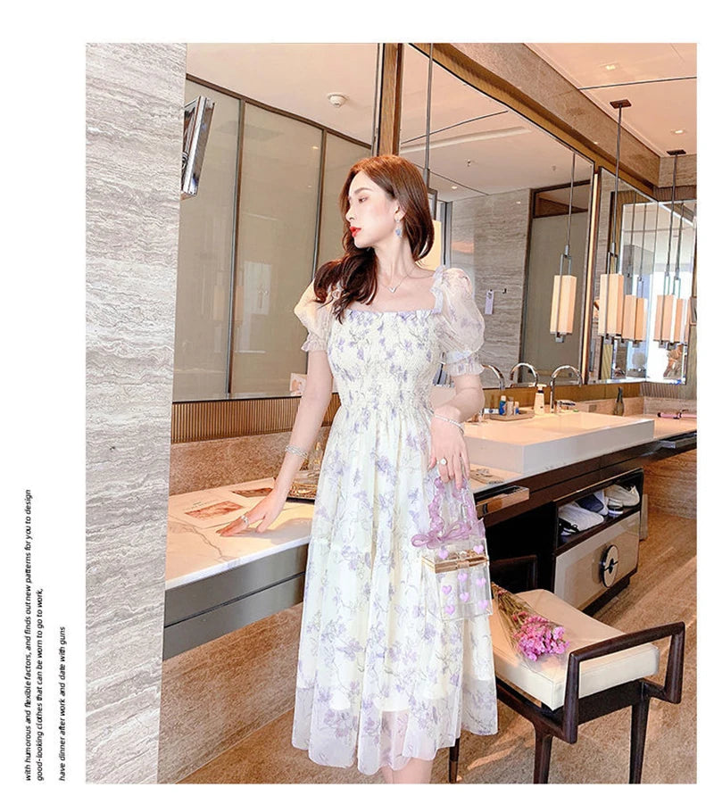 Zoki Elegant Floral Chiffon Party Dress Women Fashion Puff Sleeve A Line Midi Dress Sweet Square Collar Korean Female Vestidos