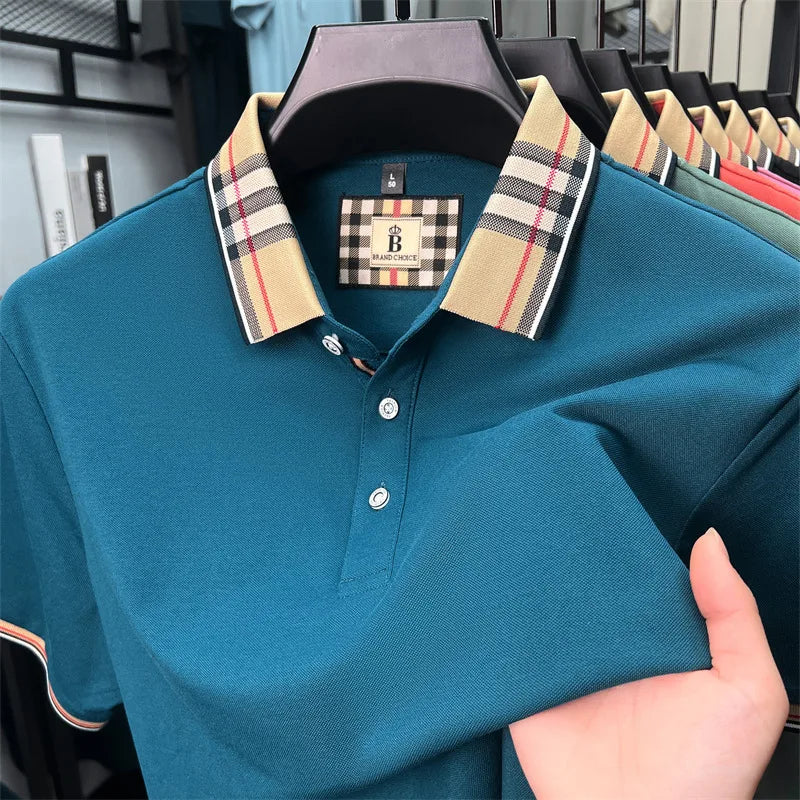 High end silky cotton breathable short sleeve polo shirt men's summer new trend plaid lapel designer brand casual golf T-shirt