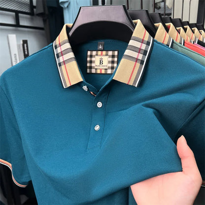 High end silky cotton breathable short sleeve polo shirt men's summer new trend plaid lapel designer brand casual golf T-shirt