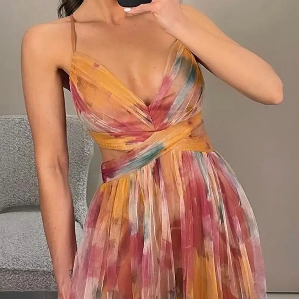 Women Backless Slip Evening Dress Mesh Colorful Printing Low-cut Spaghetti Strap Pleated Floor Length Tight Waist Maxi Dresses