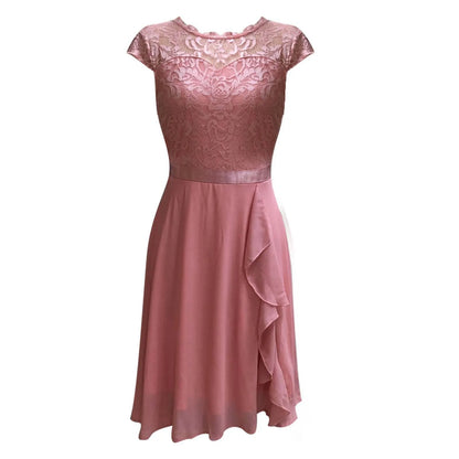 Ladies Casual Cocktail Dress With Waist Crew Neck Lace Short Sleeved Temperament Dresses Solid Formal Party Dresses Woman