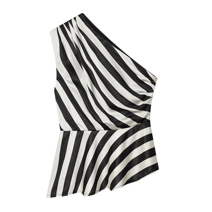 YENKYE New 2026 Women's Striped One Shoulder Sleeveless Peplum Top Draped Asymmetric Hem Party Crop Top Summer Blouse
