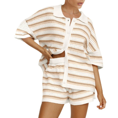 Hollow Striped Knitted 2 Pieces Set Short