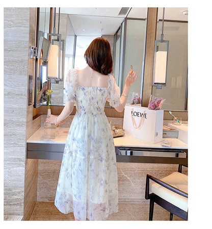 Zoki Elegant Floral Chiffon Party Dress Women Fashion Puff Sleeve A Line Midi Dress Sweet Square Collar Korean Female Vestidos