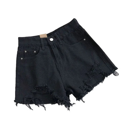 Korean Denim Shorts Women Summer Fashion Casual High Waist Ripped Jeans Pocket Tassel Hot Pants Streetwear Blue Trousers