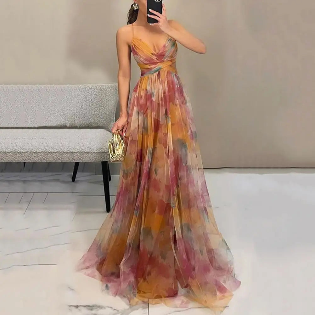 Women Backless Slip Evening Dress Mesh Colorful Printing Low-cut Spaghetti Strap Pleated Floor Length Tight Waist Maxi Dresses