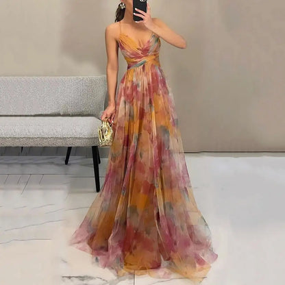 Women Backless Slip Evening Dress Mesh Colorful Printing Low-cut Spaghetti Strap Pleated Floor Length Tight Waist Maxi Dresses