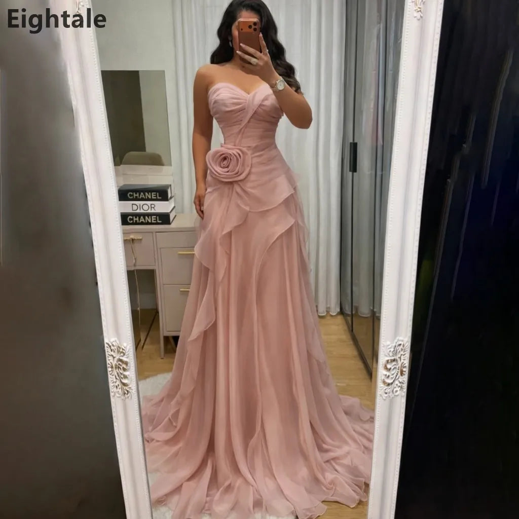 Eightale Blush Pink Sweetheart 3D Floral Ruffled Chiffon Tiered Prom Dresses Formal Evening Party Gowns Customized