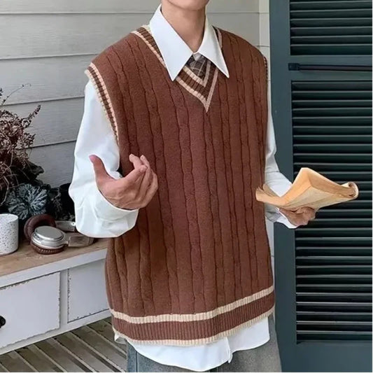Men's Brown Cable Knit Vest V-Neck Contrast Trim Preppy Style Sleeveless Knitwear Casual Autumn Top