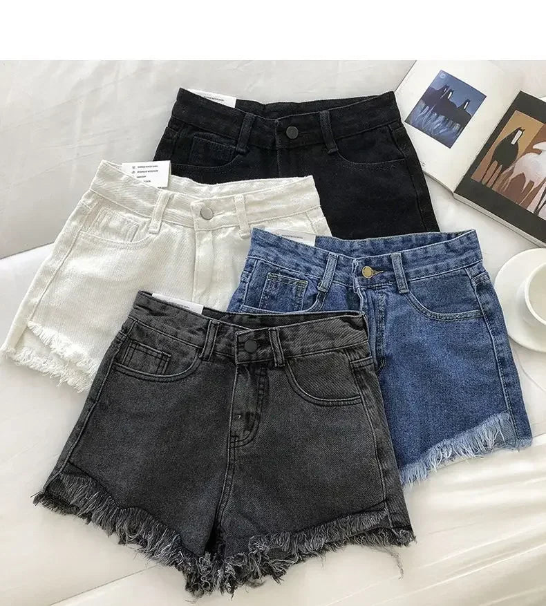 Women's 2026 High Waist Raw Edge Wide Leg Solid Denim Korean Casual Summer Shorts