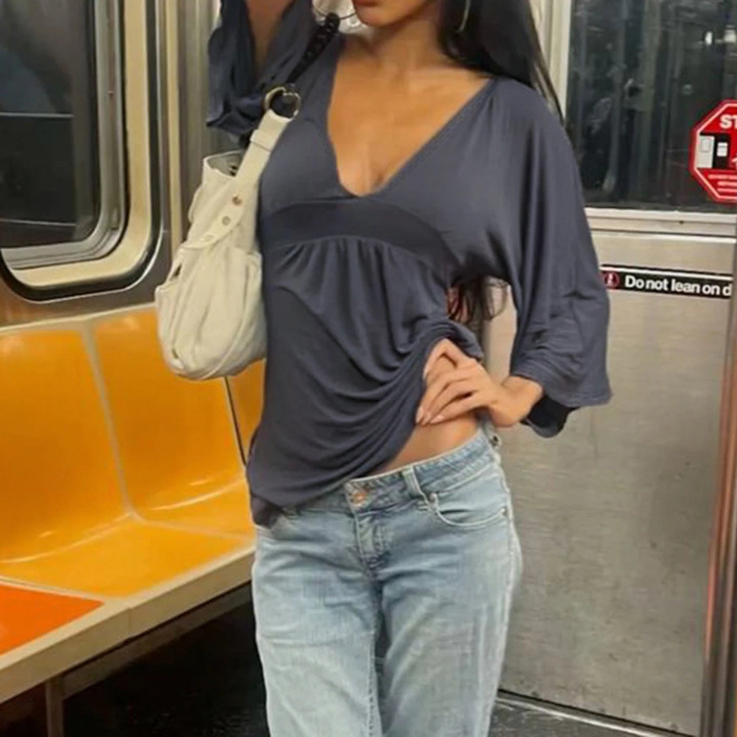 [RUOKE] Women Casual Deep V Neck Blouse Loose Fit Long Sleeve Top Flowy Bell Sleeve Tunic Shirt Daily T-shirt Sexy Summer Outfit
