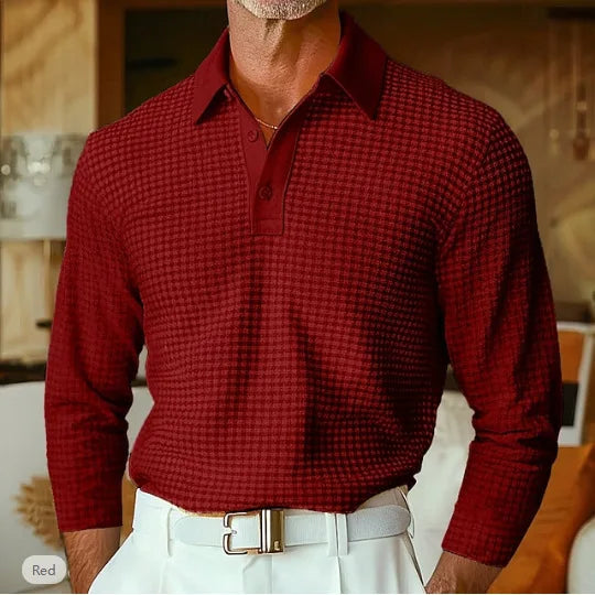 Men's Waffle Knit Long Sleeve Polo Shirt, Solid Textured Casual Golf Shirt, Breathable Pullover for Business & Daily
