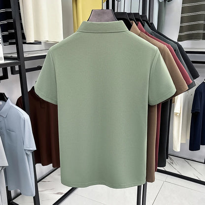 Mens Vertical Fine Rib Short Sleeve Polo Shirts Minimal Chest Embroidery Anti Crease Soft Comfort Daily Business Shirts