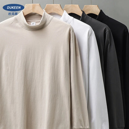 Dukeen 270G Heavyweight Half-Turtleneck Long-Sleeve T Shirts for Men Autumn 100% Cotton Solid Color Undershirt Men's Clothing