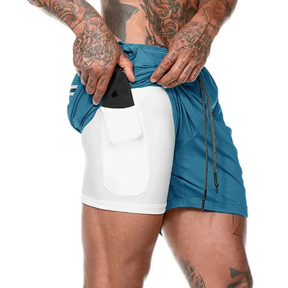 2 in 1 Compression Shorts for Men Gym Workout Running Shorts with Phone Pockets Athletic Quick Dry Activewear Training Jogging
