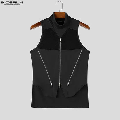 INCERUN Men Tank Tops Mesh Patchwork Turtleneck Zipper See Through Sleeveless Men Clothes Streetwear Irregular Tops Male Vests