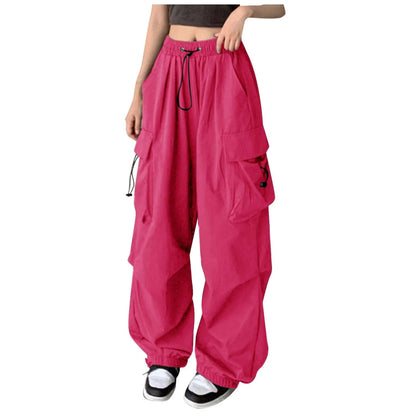 Cargo Pants for Women Drawstring High Waist Hip Hop Joggers Cargo Straight Trousers Vintage Solid Casual Streetwear Baggy