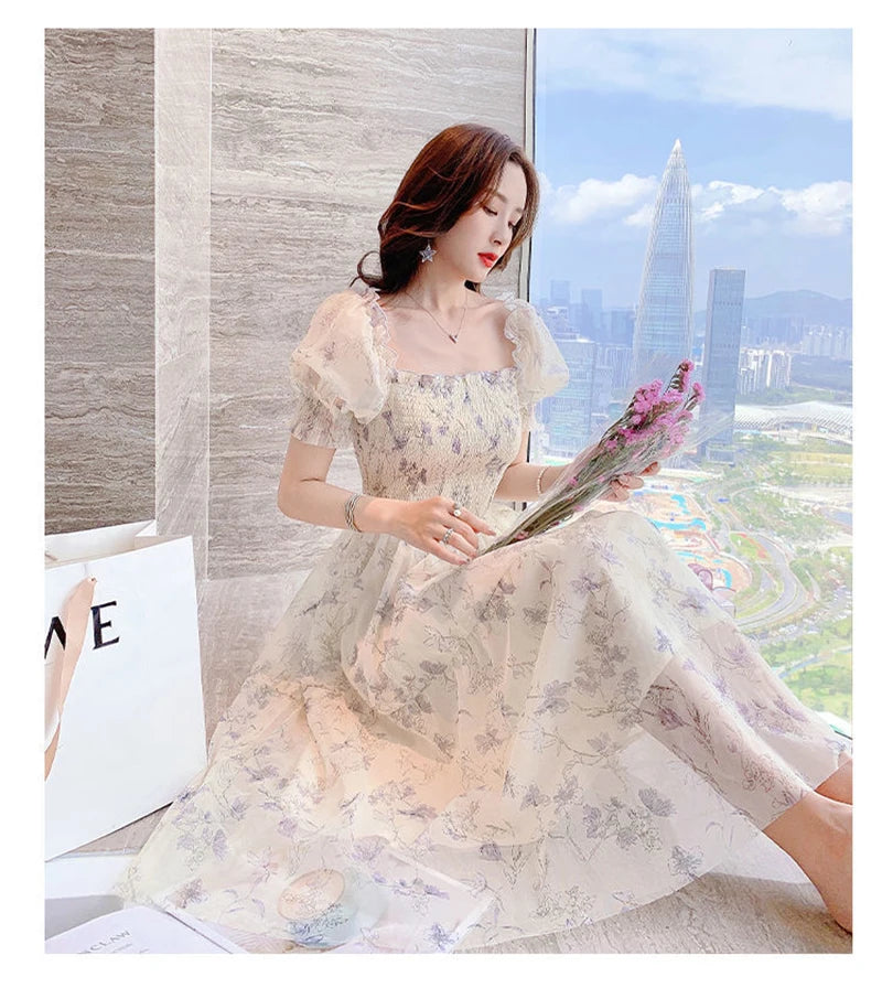 Zoki Elegant Floral Chiffon Party Dress Women Fashion Puff Sleeve A Line Midi Dress Sweet Square Collar Korean Female Vestidos