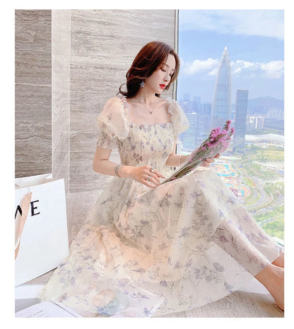 Zoki Elegant Floral Chiffon Party Dress Women Fashion Puff Sleeve A Line Midi Dress Sweet Square Collar Korean Female Vestidos