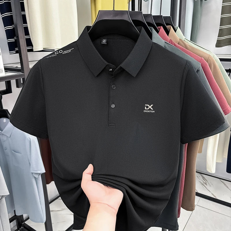 Mens Vertical Fine Rib Short Sleeve Polo Shirts Minimal Chest Embroidery Anti Crease Soft Comfort Daily Business Shirts