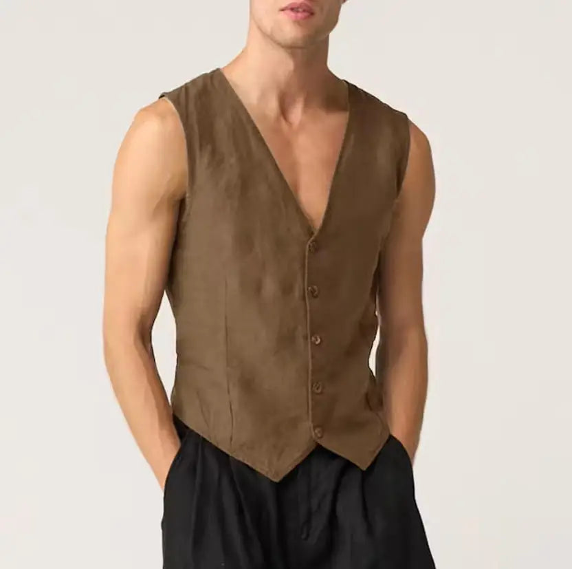 Linen Casual Men's Vest Cool Sleeveless Male Summer Single Breasted Suit Vests V Neck Vintage Jacket for Men Waistcoat
