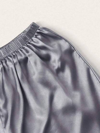 Women's Satin Pajama Set with Contrast Piping, Short Sleeve Button-Up Top & Shorts