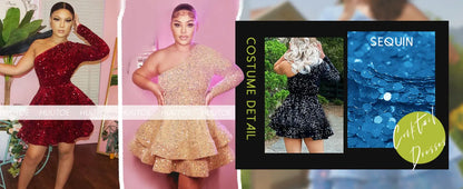 Long Sleeve Velvet Sequin Homecoming Dresses Teens Sparkly One Shoulder Short Prom Dress Layered Cocktail Party Graduation Dress