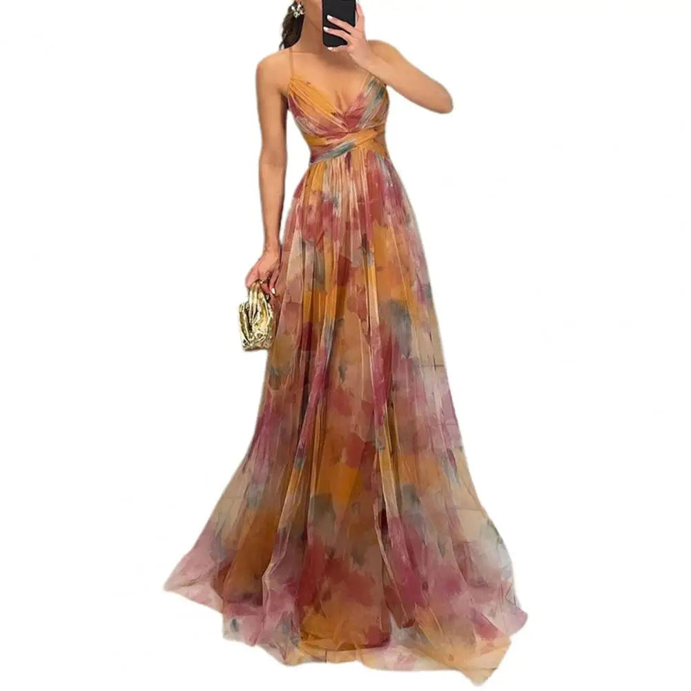 Women Backless Slip Evening Dress Mesh Colorful Printing Low-cut Spaghetti Strap Pleated Floor Length Tight Waist Maxi Dresses
