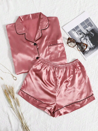 Women's Satin Pajama Set with Contrast Piping, Short Sleeve Button-Up Top & Shorts