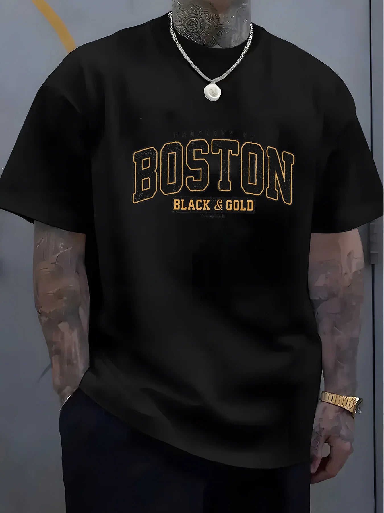 Men's summer 100 cotton fashionable casual loose plus size BOSTON pattern printed sports round neck short sleeved T-shirt top