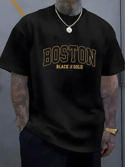 Men's summer 100 cotton fashionable casual loose plus size BOSTON pattern printed sports round neck short sleeved T-shirt top