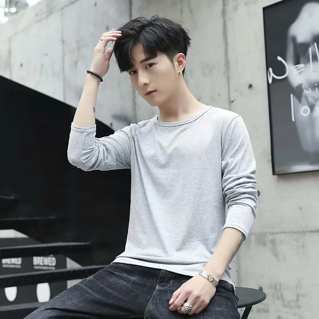 Business Style Long Sleeve T-Shirt for Men Loose Fit Thin Cotton Top Youth Version Bottom Shirt for Work Autumn Wear